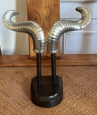 Cast Metal Goat Ram Horns on Display Stand Sculpture - Decorative Home Decor