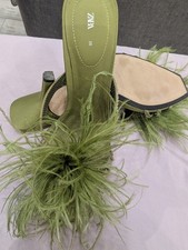 ZARA Green Feather Heels with Crystal Detail (EU 38)