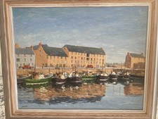 An oil painting of a row of old fishing boats docked at Peterhead Harbour.