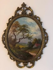 Antique italian   oval oil painting landscape in ornate metal frame