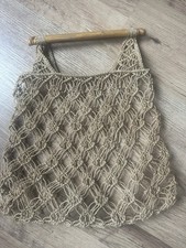 Vintage Hand Made Macrame Shopping Bag With Wooden Handles 1970's