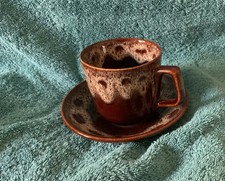 Fosters Studio Pottery Tea Cup And Saucer In Brown Honeycomb Design