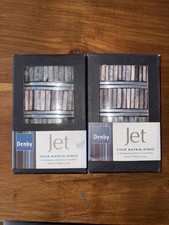 8 DENBY JET STRIPE NAPKIN RINGS & 8 MATERIAL NAPKINS & RINGS IN BOXES VERY RARE