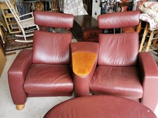 Ekorner Stressless Red Leather Recling Cinema Sofa 2 Seater + Footstool VGC