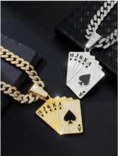 Men's Women Poker Pendant Iced Cuban Chain Gold/Silver Rhinestone Rapper Bling