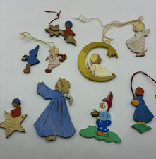 9 Antique German Erzgebirge Wooden Flat Fretwork Christmas Decorations