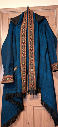 Blue black hooded wrap aztec - hooded, wrap,
