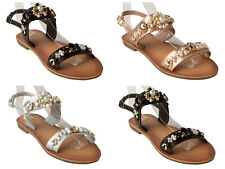 WOMENS DIAMANTE PEARL CASUAL FLAT COMFY SLING BACK SUMMER SANDALS LADIES SIZE