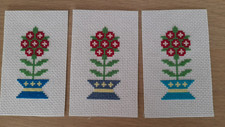 3 Purple flowers in pots Cross Stitch Card Toppers