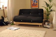 Black 4ft6 Double Futon Sofa Bed with Wooden Frame – Tufted Mattress