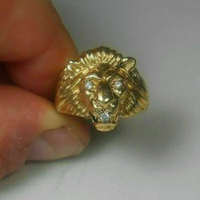 14K Yellow Gold Finish Men's 1 Ct Round Cut Lion Head Ring Silver Lab Created