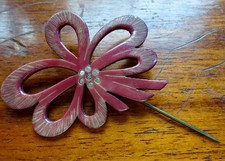 antique art deco red celluloid clear rhinestone hat flash stick pin brooch -388