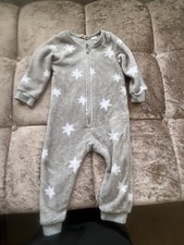 Unisex Fleece Footless Sleepsuit 12-18 Grey with White Stars All In One