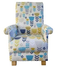 Fryetts Annika Teal Fabric Adult Chair Blue Ochre Floral Accent Armchair Retro