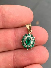 9ct Gold Emerald Diamond Cluster Pendant, 9k 375