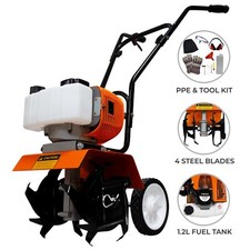 Petrol Garden Tiller Cultivator Rotavator Cordless 52CC 1.65kW 9000RPM 4 Blades