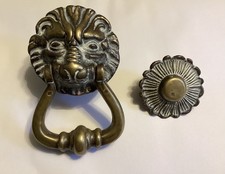 Vintage Solid Brass Lions Head Door Knocker with Striking Plate and Fixings