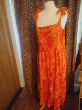 Next Orange Linen Mix Sun Dress Tie Straps Midi Size 12