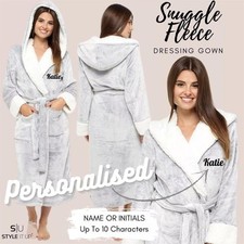 Womens Personalised Dressing Gown Hooded Fleece Lined Fluffy Snuggle Soft Robe