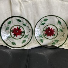 Glass Hand Painted and Engraved Poinsettia Candle Plates Set of 2 Some Ware
