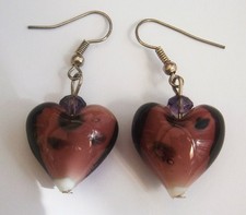 N842) Pink Maroon heart shaped Glass bead dangle Hook earrings