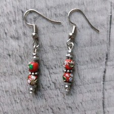 Vintage Red Flowered Red Cloisonné  Bead Beaded Earrings