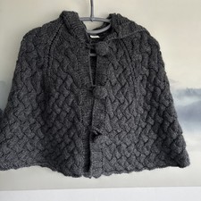 LOWIE handmade wool angora hooded Poncho Cape Jumper Chunky Cable Knit grey