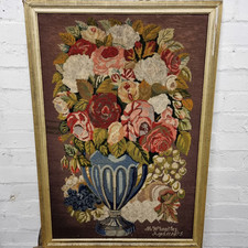 Antique 19thC Woolwork Picture Vase Flowers By M Wheatley Aged 11 1875