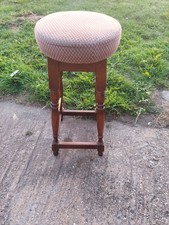 Vintage Tall High Bar Pub Table Stool, Wooden Legs, Upholstered, Round
