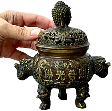 BUDDHIST BRONZE CENSER INCENSE BURNER CHINESE  XUANDE REVIVAL BUDDHA HEAD FINIAL