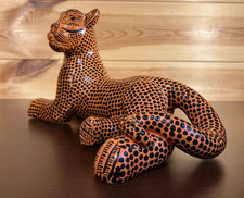 21cm Vintage Fired Pottery Jaguar Chiapas Hand Crafted Painted Mexican Folk Art