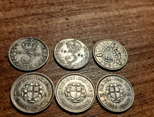 Silver threepences 6 - silver, x