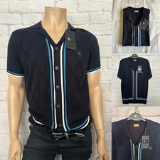 Gabicci Vintage "Ross" Short Sleeve Knitted Polo, Navy/Aqua, Medium, BNWT