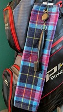 Purple/Pink Tartan Print Tri fold Golf Towel with Retractable Cleaning Brush.