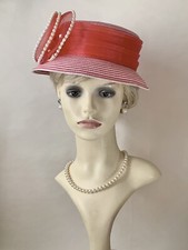Vintage 1980s Red & White Striped Hat Red Satin Ribbon & Red Beaded Rosette