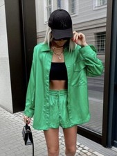 ZARA Green Satin Oversized Overshirt Shirt & Shorts Lounge Co Ord Set - Size S