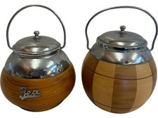 Vintage Wooden Tea Jar / Wooden Jar with Metal Lid and Handle Set