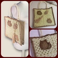 Crochet Granny Square Tote Bag Gift Idea Unique Cat Themed Coffee One Side NEW C