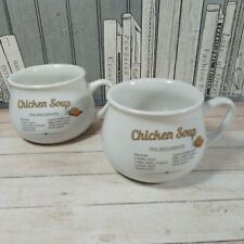 Pair Retro CHICKEN SOUP Mugs Ceramic Recipe Bowls Vintage Kitchenalia Set of 2