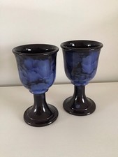 Vintage Ewenny Pottery Wine Goblets Set of 2. Blue/ Black VGC
