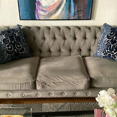 Gray velvet tufted sofa - sofa, rolled