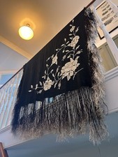 Vintage Embroidered piano/ flamenco shawl or wall hanging. Black And White. Silk