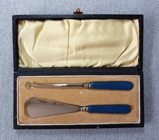 Vintage Button Hook & Shoe Horn in Fitted Case. Free UK postage.