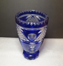 Vintage Czech Bohemia Crystal Glass Vase Cobalt Blue Christmas Snow Tree Design