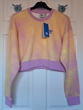 Adidas Originals Womens Sweatshirt Cropped UK 6-10 Oversized Tie Dye Pink Yellow
