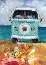 ACEO ATC Signed Art Print “Blue Skies Ahead” VW Van Beach Artist Trading Card