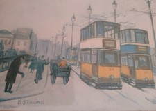 Framed Oil Print Of Trams In