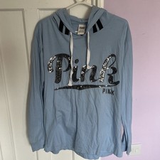 Pink Victoria Secret Light Blue Sequin Pink Logo Hoodie Size Medium Chest 44”