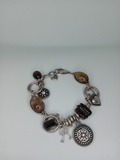 Miglio Silver Tone & Brown Glass Bead Chunky Charm Style Bracelet