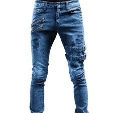 New Slim Fit Ripped Biker Jeans, Men's Casual Street Style Stretch Denim Pants